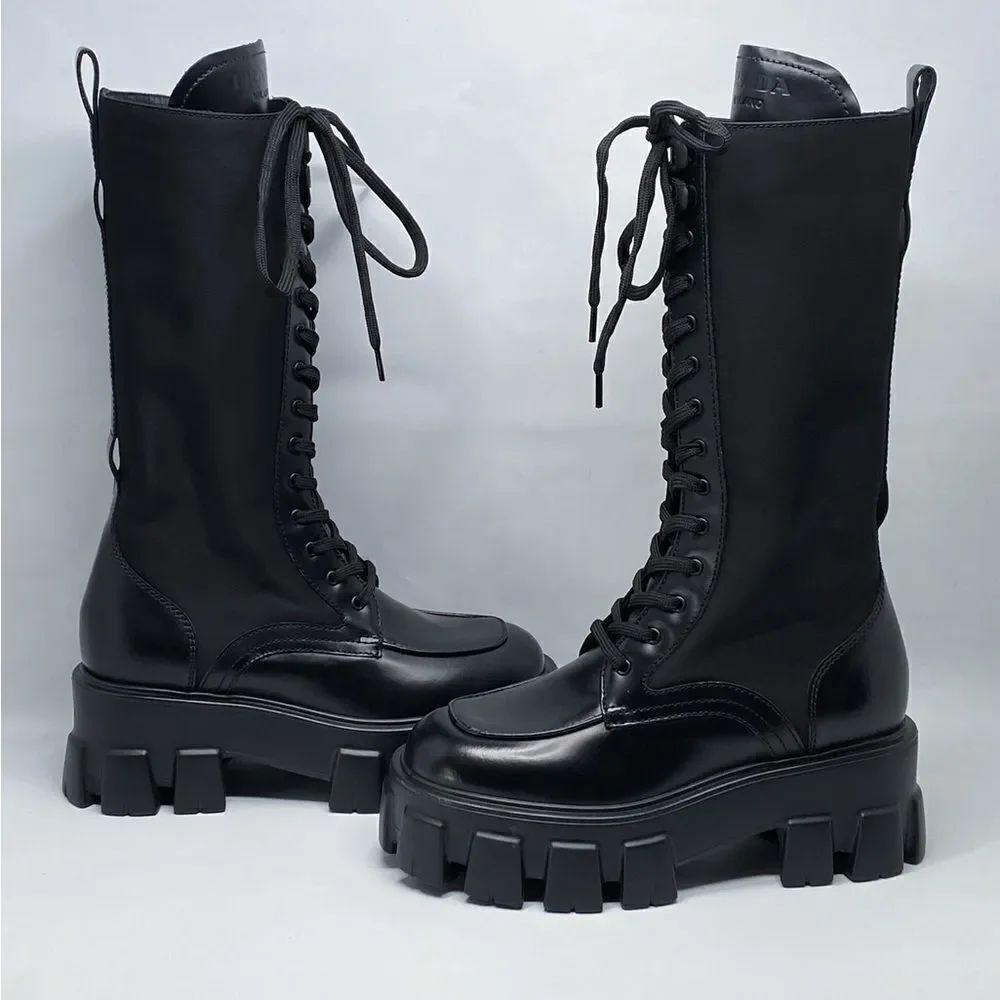 Prada Lug-Sole Tall Leather Combat Boots size 35